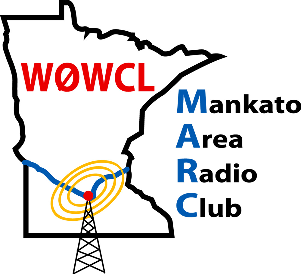 Mankato Area Radio Club Logo showing the state of MN with a repeater over Mankato